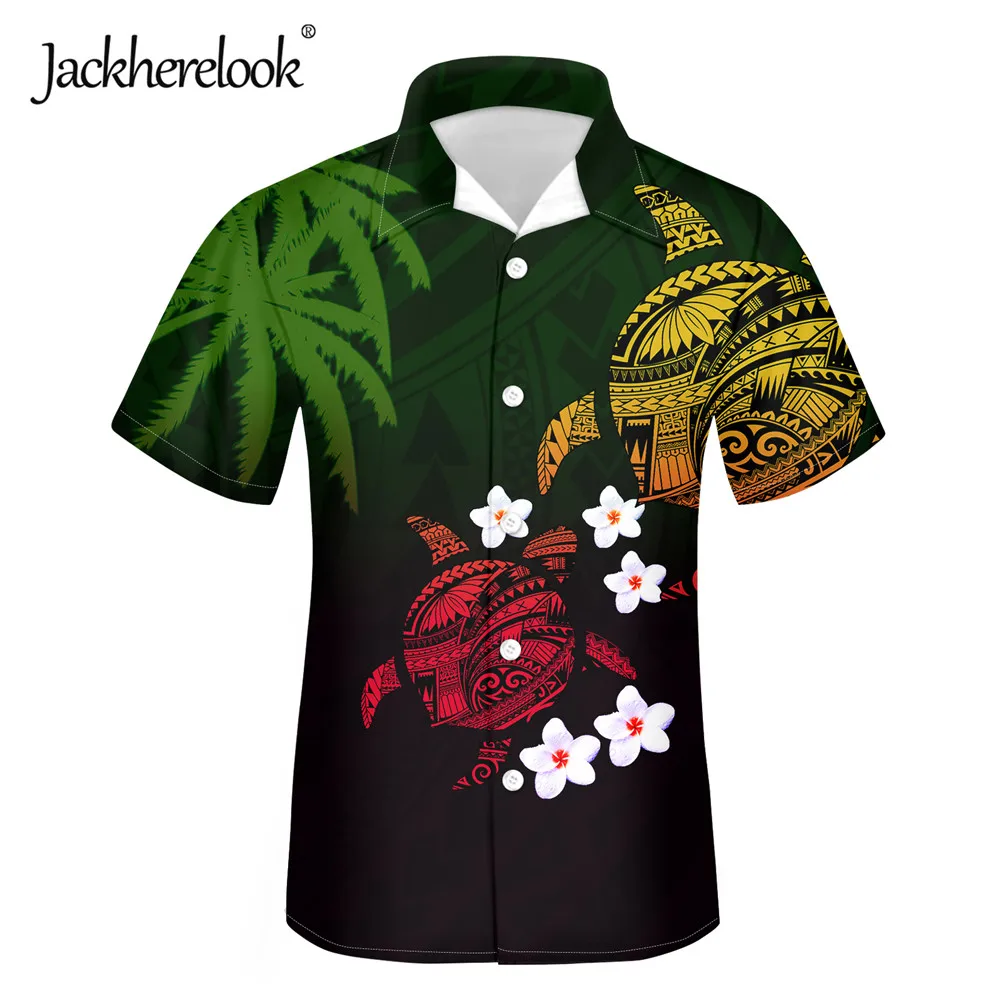 

Jackherelook Polynesain Племенной черепаха принт гибискуса Лето отложной воротник Гавайские рубашки Для мужчин в Кубинском стиле Guayabera свободные топы