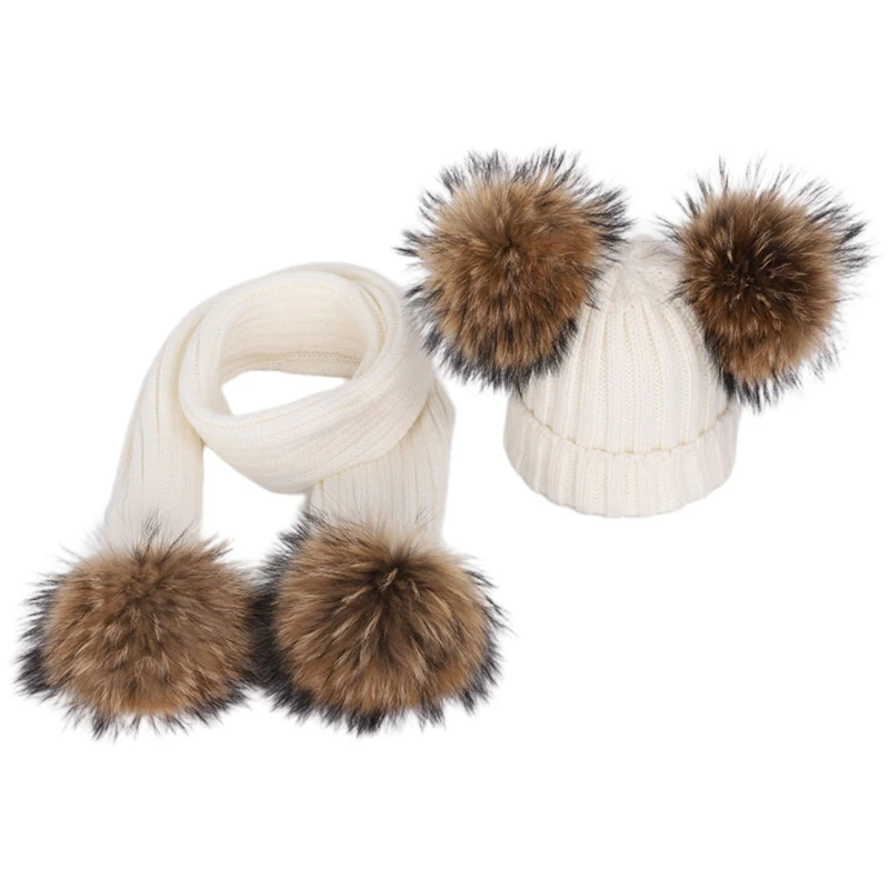 

2pcs Women Men Slouchy Beanie Hat Long Scarf Set Winter Warm Fake Ball Pom Cap