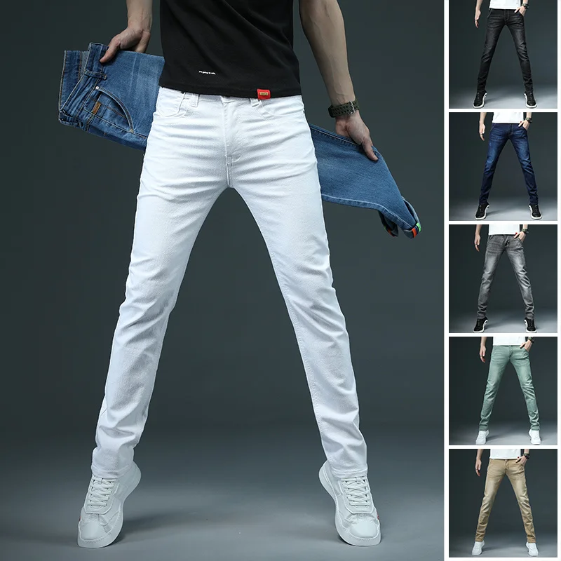 

2020 New Men's Skinny White Jeans Fashion Casual Elastic Cotton Slim Denim Pants Male Brand Clothing Black Gray Khaki