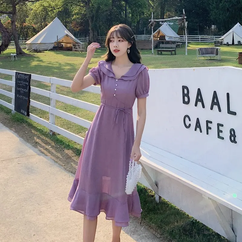 

shooting ~ 2021 summer Korean women's lotus leaf collar solid color French purple short sleeve medium and long dress