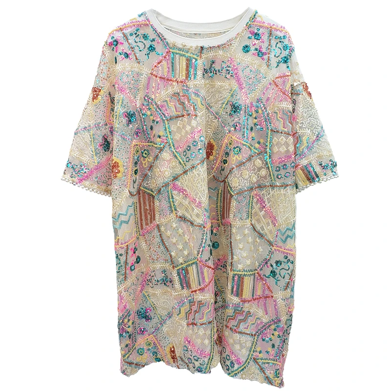 

Streetwear Colored Sequins Short Sleeve Shirt Women 2020 New Summer Round Neck Loose Large Size Pearl Mesh Blouse Fashion Top