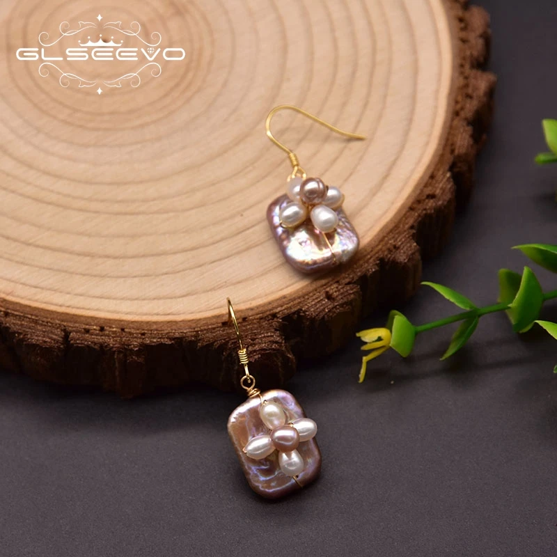 

GLSEEVO Original Natural Freshwater Baroque Pearl Earrings Women's Anniversary Hooks Handmade Flowers Fashion Jewelry GE1019