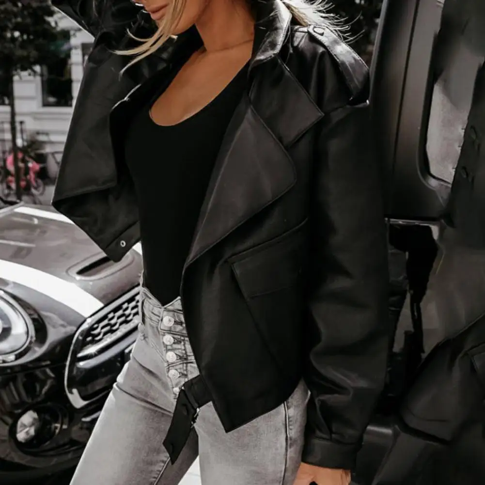 

Wear Resistant Great Solid Color Lady Fall Coat Soft Faux Leather Coat Button for Outdoor