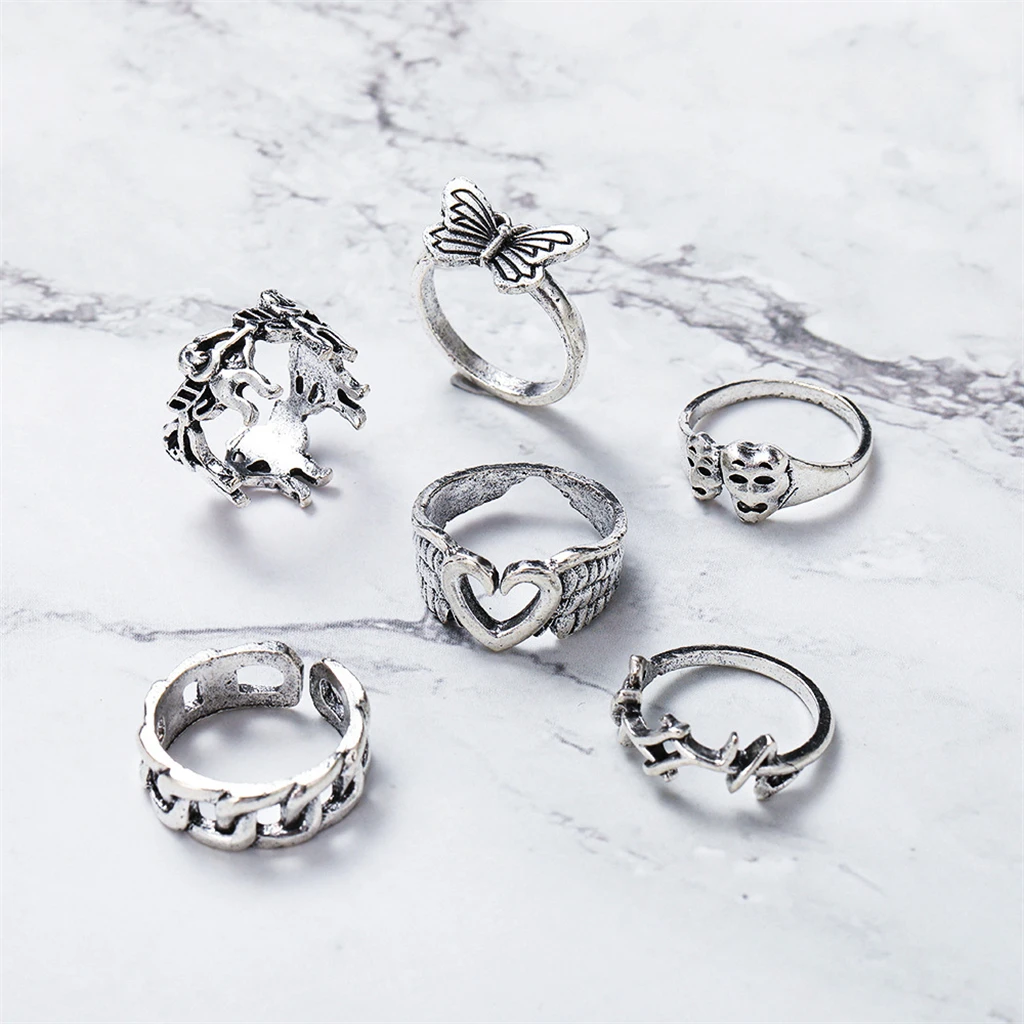 

【Q2D2719】6pcs/set retro joint ring creative peach heart butterfly ancient silver joint ring set