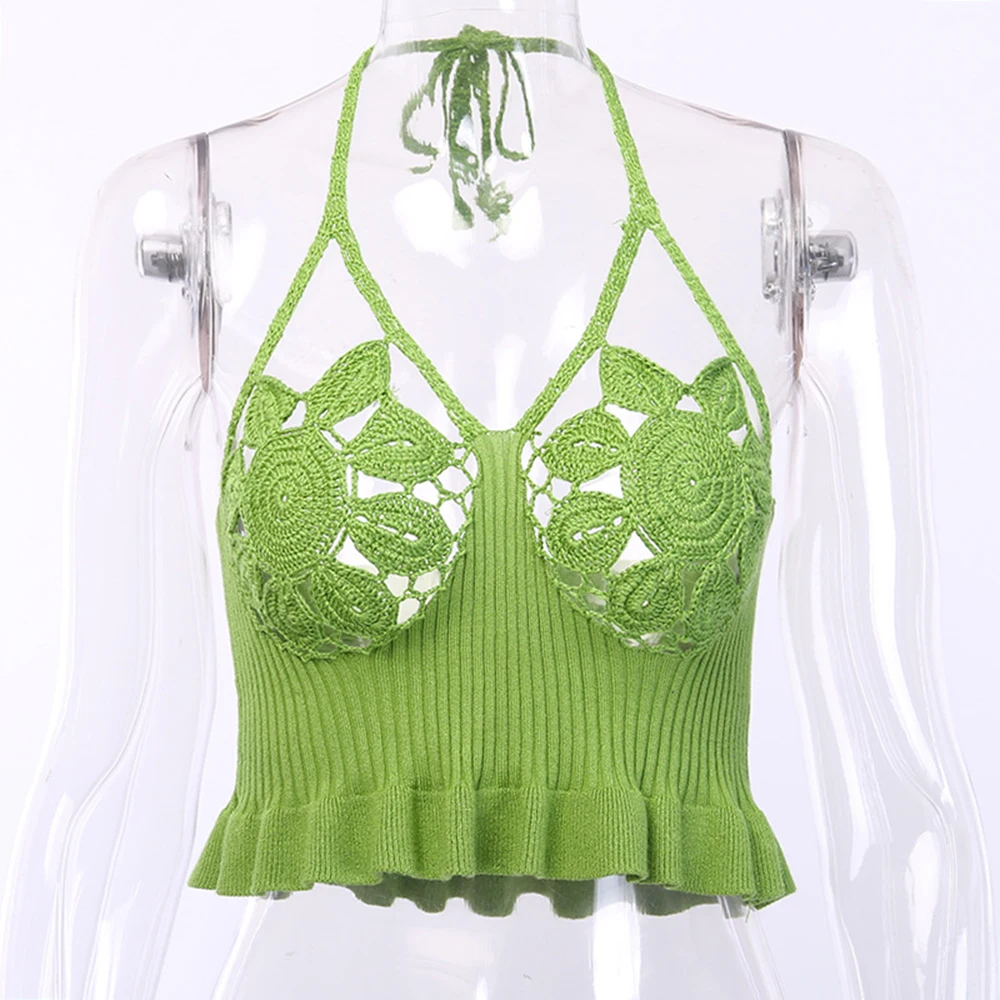 Boho вязаный цветок крючком топики танк-топы для женщин укороченный топ на