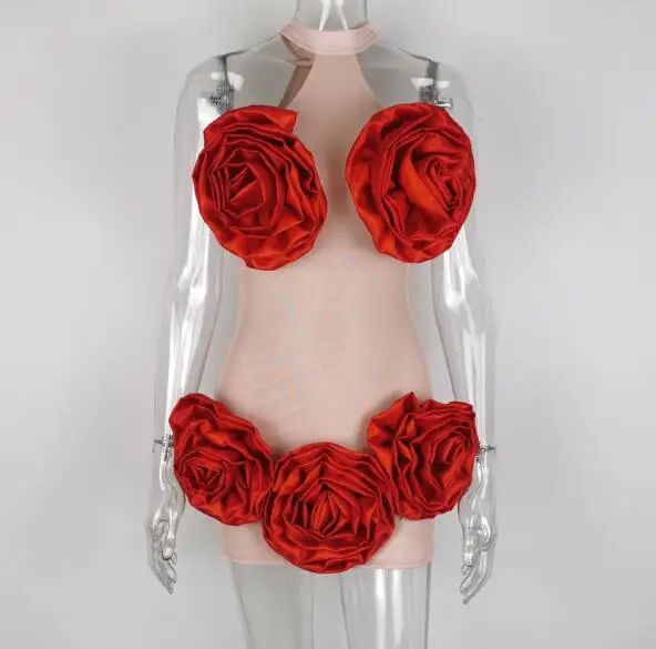 

Cultiseed Women Sexy Halter Big Rose Flower Slim Hip Mesh Mini Dress Female New Sleeveless Nightclub Party Dress Ladies Dresses