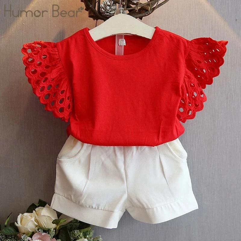 Humor Bear Girls Clothing Set 2022 New Summer Flower Hollow sleeve Tops +Shorts Kids Suits