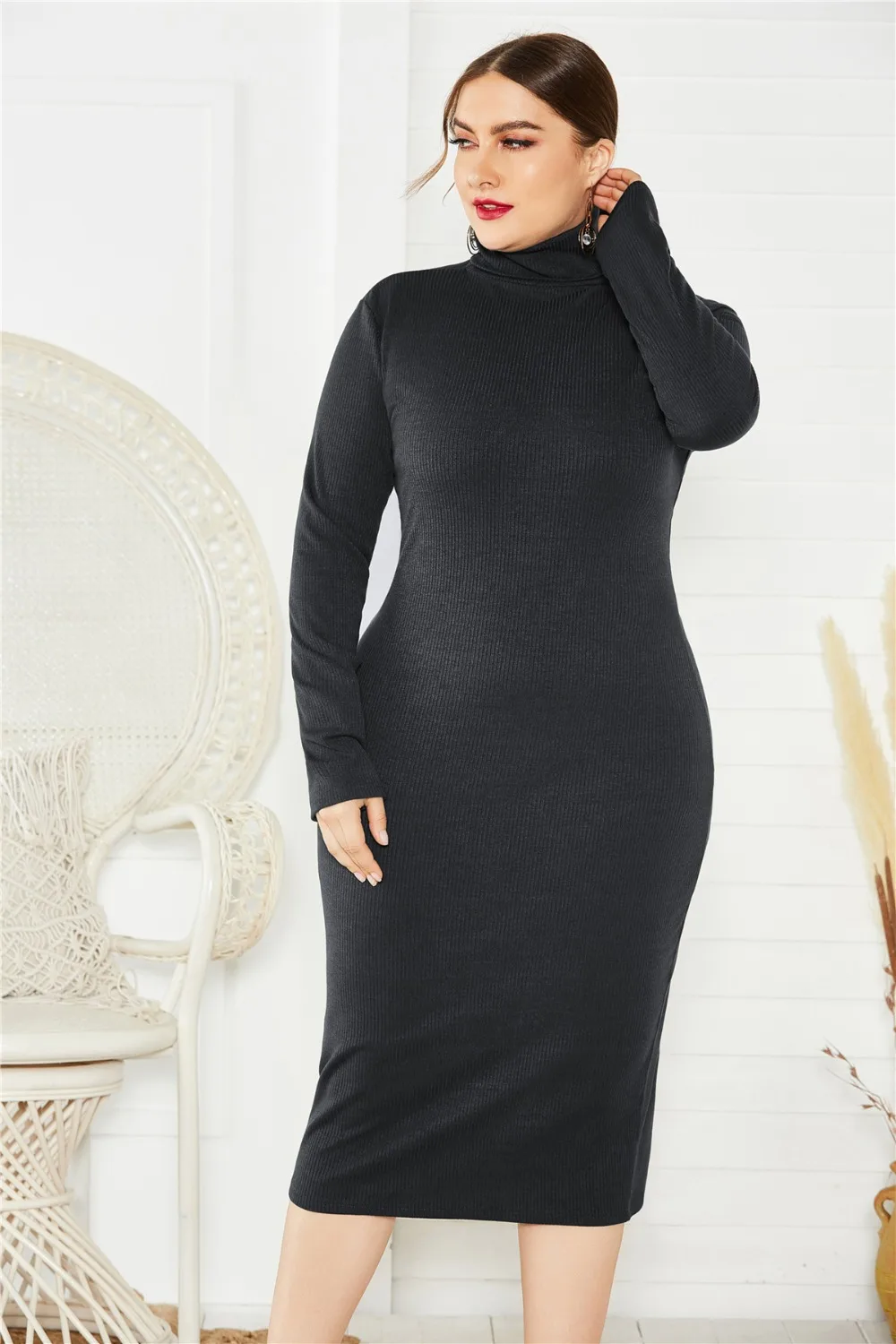 BHflutter 4XL 5XL 6XL Plus Size Winter Dress Women Long Sleeve Turtleneck Knitted Dress Ladies Sexy Bodycon Vintage Dresses