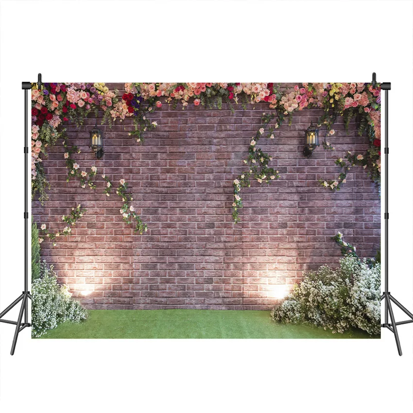 

Mocsicka Spring Backdrop Brick Wall Flower Photographic Background Grass Land Scenic Customized Photographic Backdrops