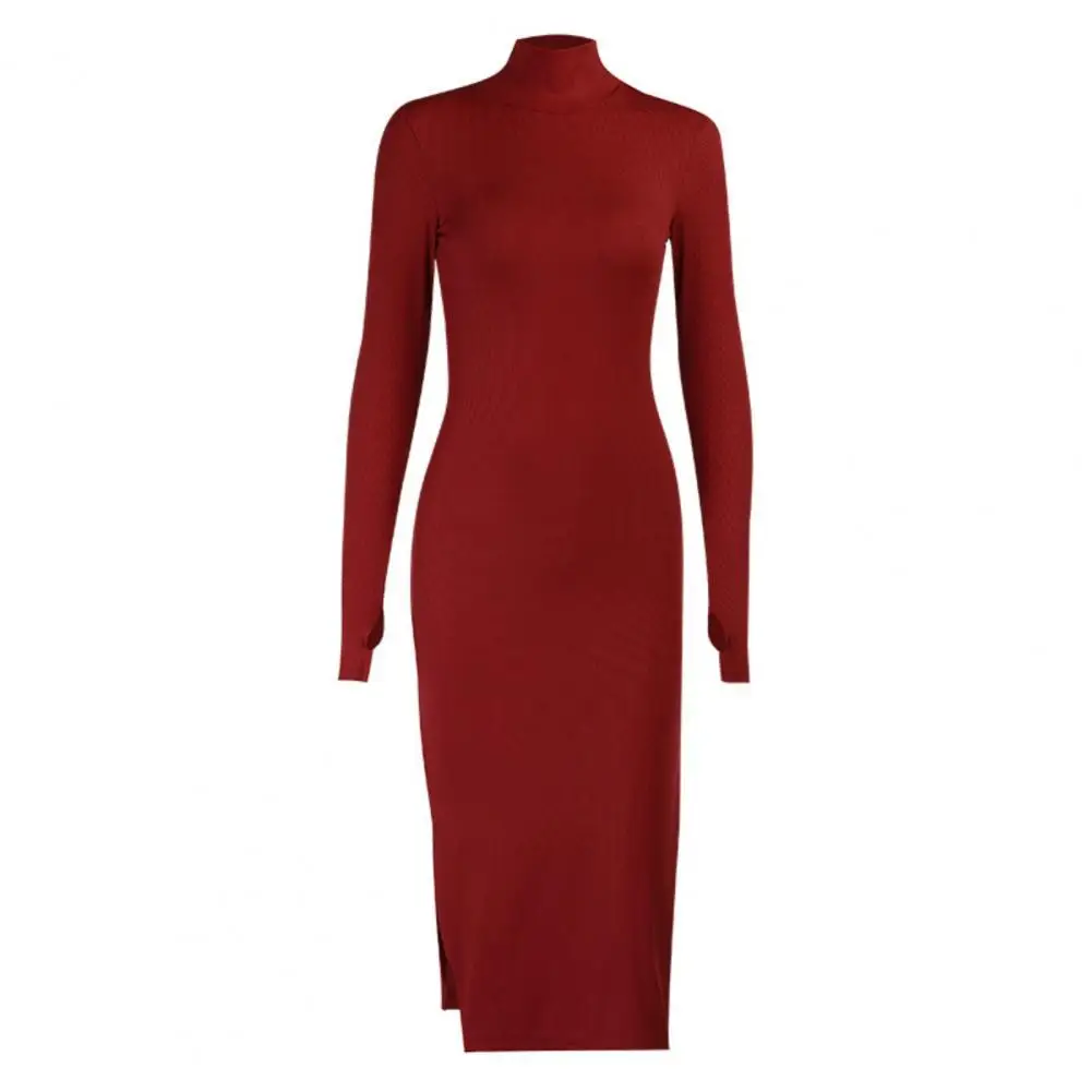 

50% HOT SALES！！！Sexy Women Solid Color Turtleneck Long Sleeve High Split Zip Bodycon Midi Dress