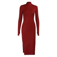50 hot sales%ef%bc%81%ef%bc%81%ef%bc%81sexy women solid color turtleneck long sleeve high split zip bodycon midi dress