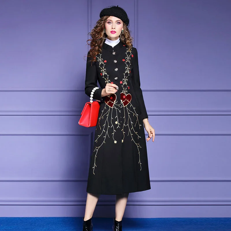 

High Quality Runway Designer Winter Embroidery Long Woolen Jackets and Coats Women Wool Blend Elegant Lady Outerwear Overcoat
