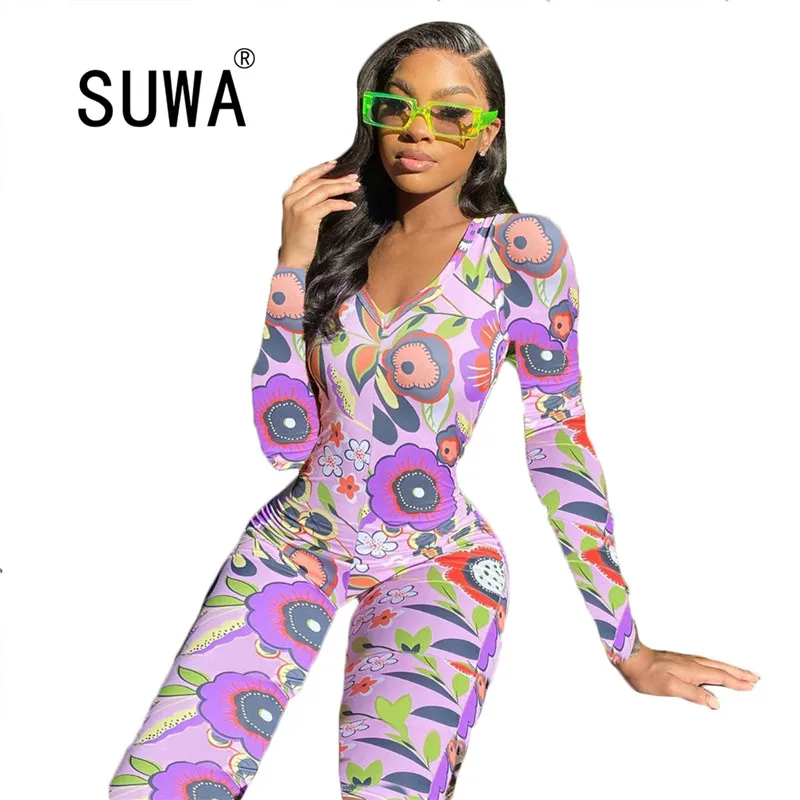 

Hot Recommend Style Colorful Printed Vintage Casual Jumpsuit Overalls For Women Long Sleeve Catsuits Nightwear Fitness