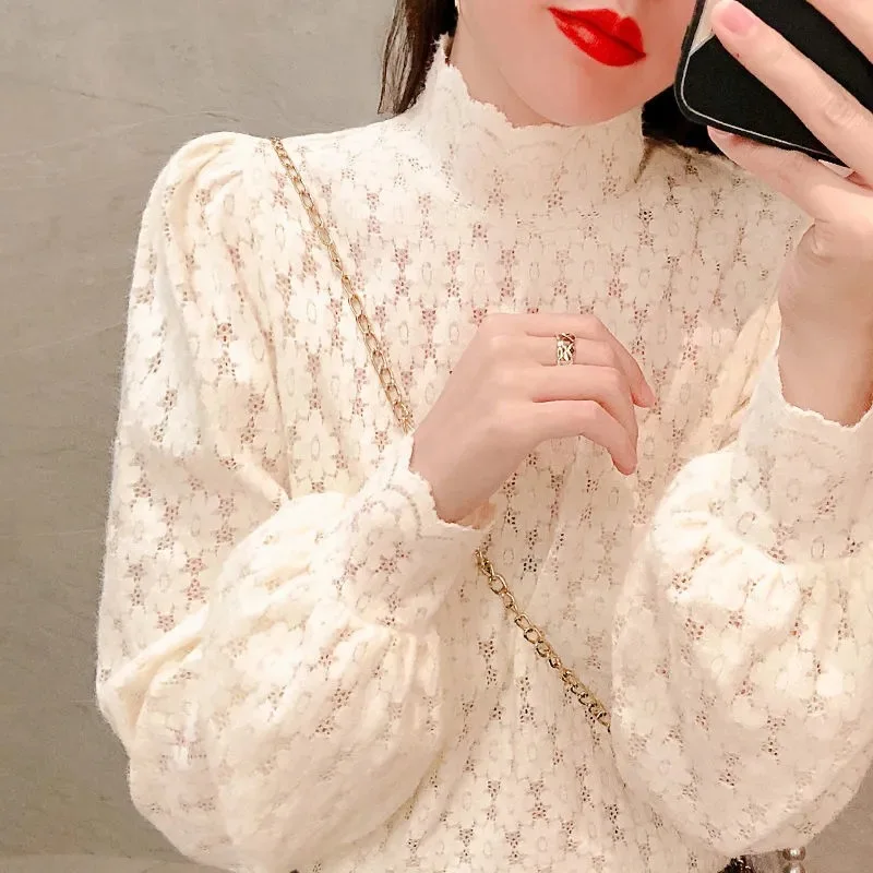 

Sexy Hollow Out Lace T-shirt Autumn Winter Women Turtleneck Long Sleeve Plus Velvet Warm T Shirts Office Lady Elegant Basic Tops