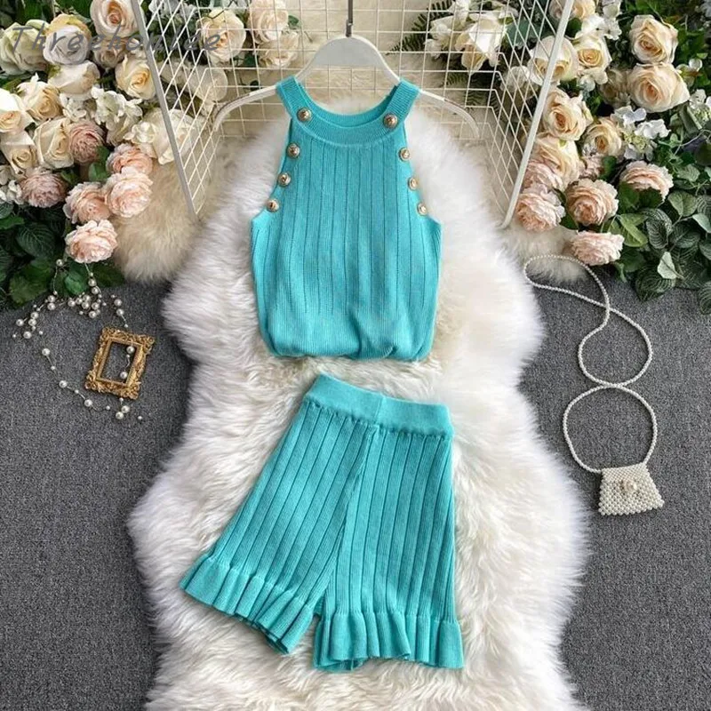 

Summer 2021 New Sexy Women Knitted Two Piece Sets Button Halter Tank Tops And High Waist Wide-leg Shorts Female Knitwear Suits