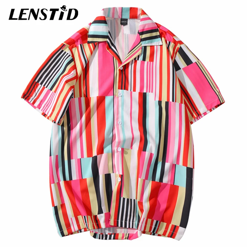 2020 гавайская рубашка LENSTID в стиле хип хоп цветную полоску уличная одежда