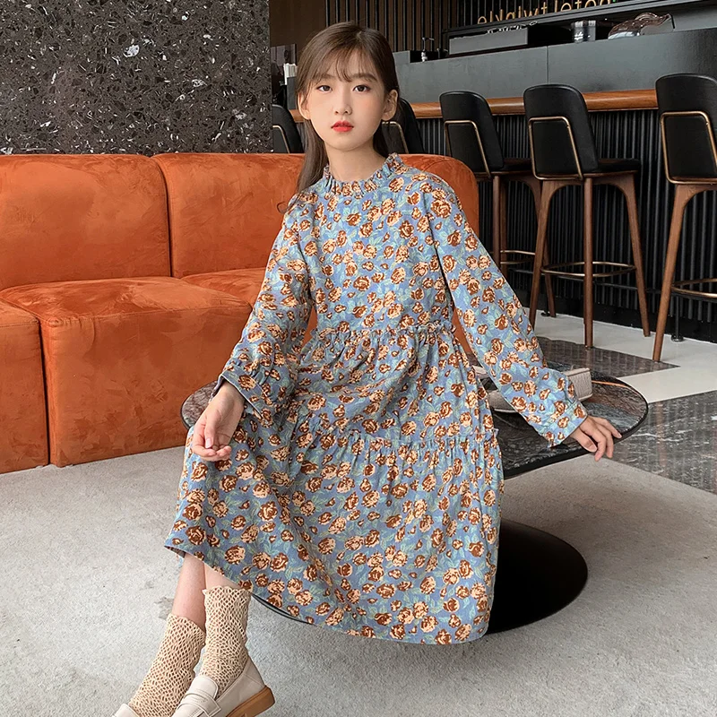 

Girls Dress 2021 Autumn New Pastoral Sweet Long-Sleeve Dress Baby Kids Princess Floral Children Dress Korean Children Clothing