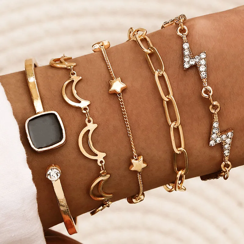 

5 pcs/set Gold Color Moon Star Charm Bracelets Set Crystal Thunder Link Chain Braclets Fashion Women's Bracelets on Hand Jewelry