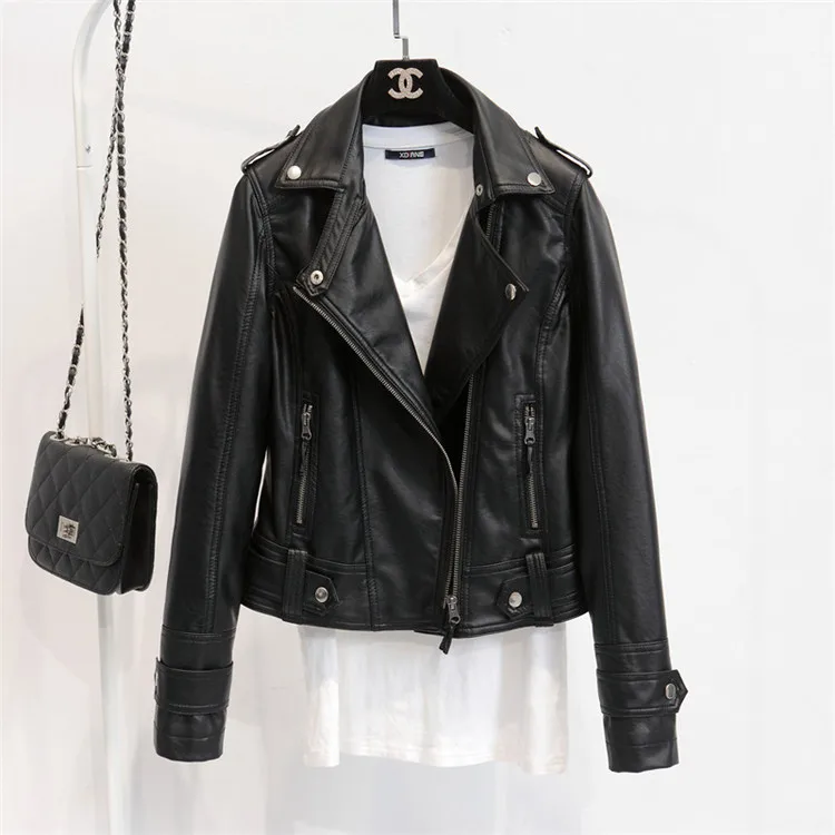 

2019 new Korean small coat PU leather short women's spring and autumn fit Lapel locomotive leather jacket trend Faux Leather