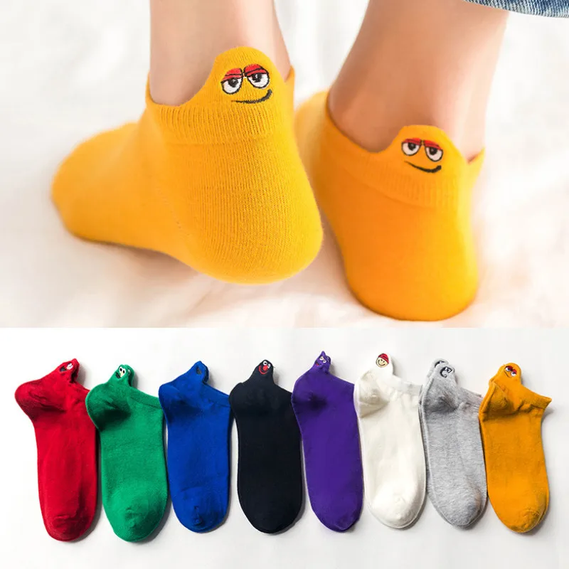 

Kawaii Embroidered Expression Woman Socks Fashion Ankle Funny Socks Slippers Women Cotton Summer Candy Color