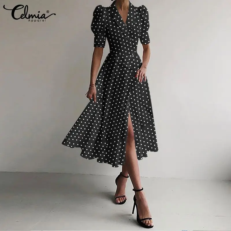 

Celmia 2021 Fashion Polka Dot V-neck Women Midi Dress Elegant Puff Short Sleeve Party Vestidos Casual Bandage Waist Robe Longue