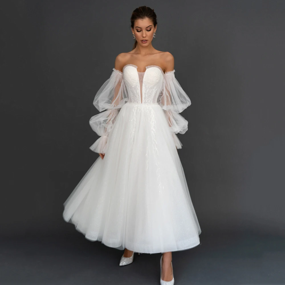

UZN Ivory Boho Wedding Dress A-Line Ankle Length Strapless Detachable Puff Sleeves Bridal Gowns Lace Pleated V-Neck Brides Dress