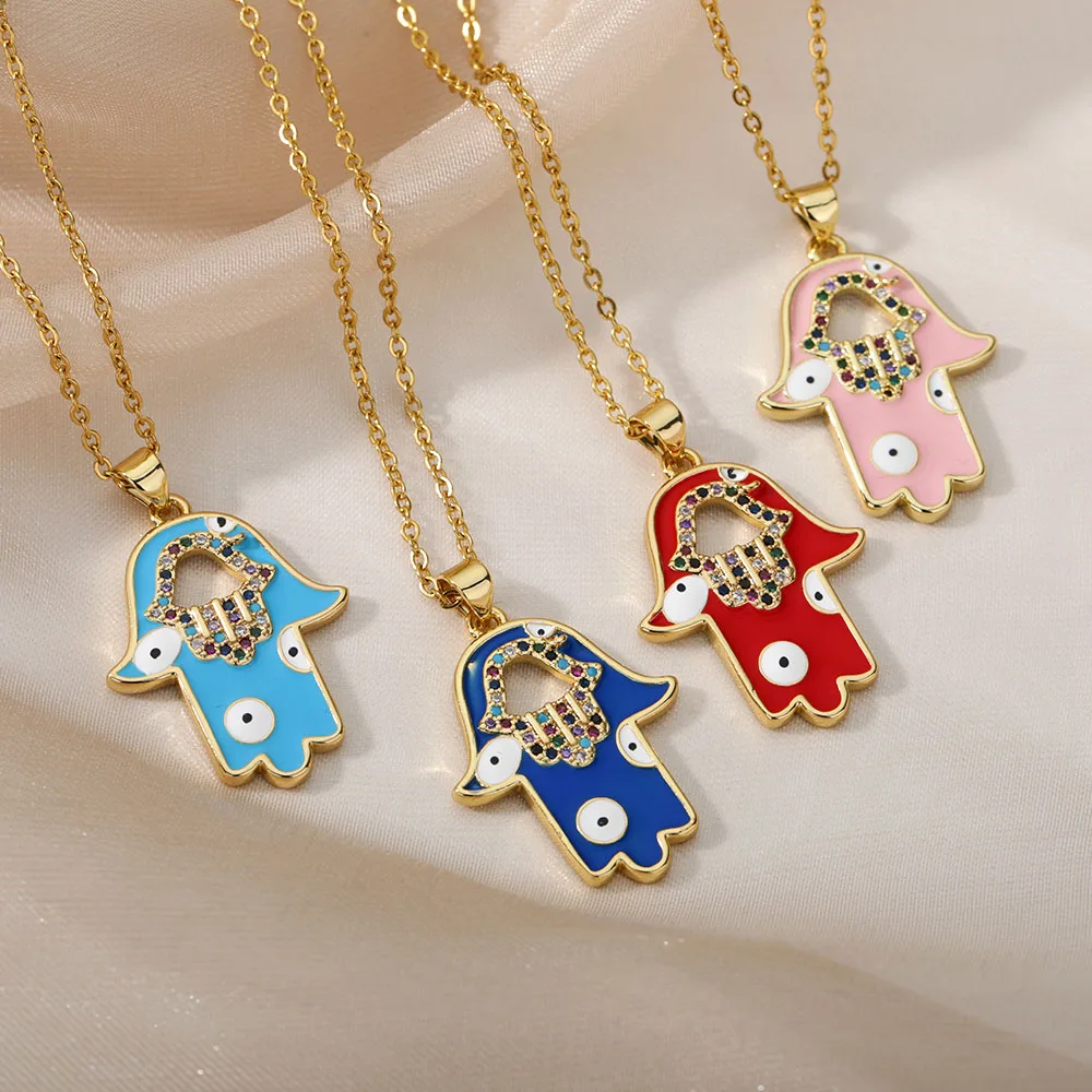 

4 Color Hamsa Hand Necklace For Women Dripping Oil Fatima Hand Palm Evil Eye Pendant Necklaces Hip Hop Turkish Luck Jewelry