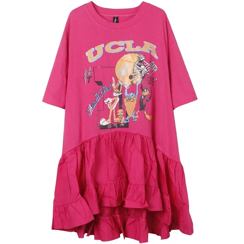 

women irregular cartoon print ruffles pink dress designer round collar short sleeve girls cotton oversized dresses