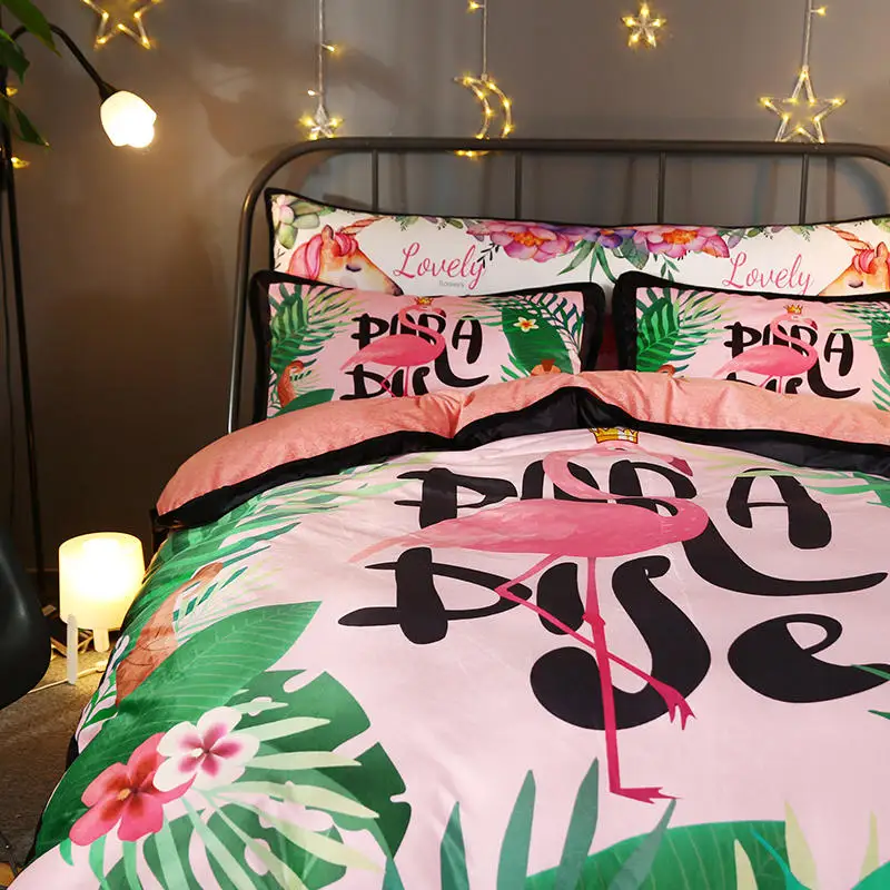 Flamingo Bedding Sets Waiting in the flowers Bed Set Cartoon Children Black edge bed linen Four piece set of single/double | Дом и сад