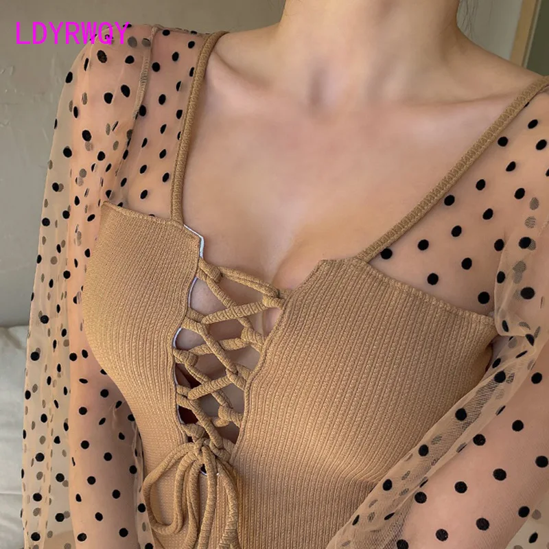 

LDYRWQY 2021 new Korean leisure polka dot mesh long-sleeved stitching drawstring sexy slim one-piece bikini swimsuit