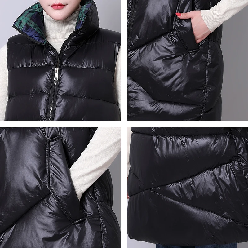 

Stand Collar Winter Long Vest Women Solid Cotton Padded Women's Sleeveless Jacket with Zipper Thick Casual Outwear Coat Female
