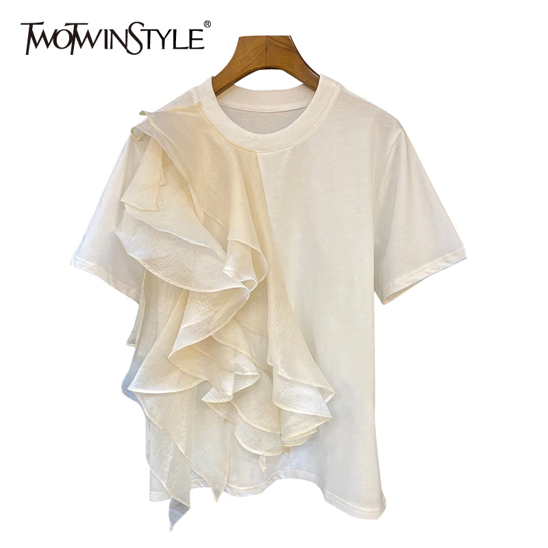 

TWOTWINSTYLE Patchwork Ruffle White Tops For Women O Neck Short Sleeve Casual T Shirt Female Fashion New Clothing 2022 Summer