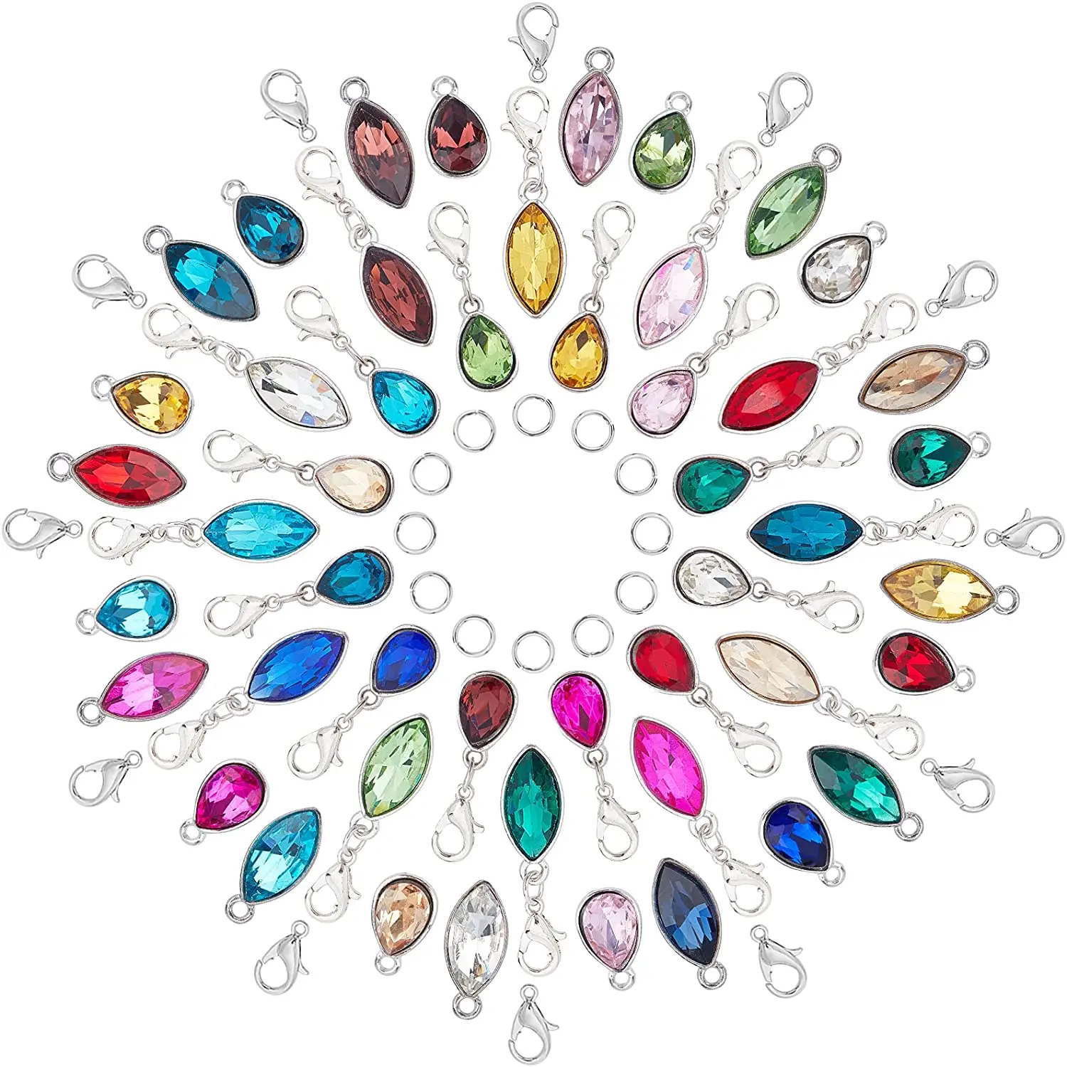 

1 box of 48 pieces of 12 colors alloy glass birthday pendant pendant beads horse eye teardrop with lobster claw clasp