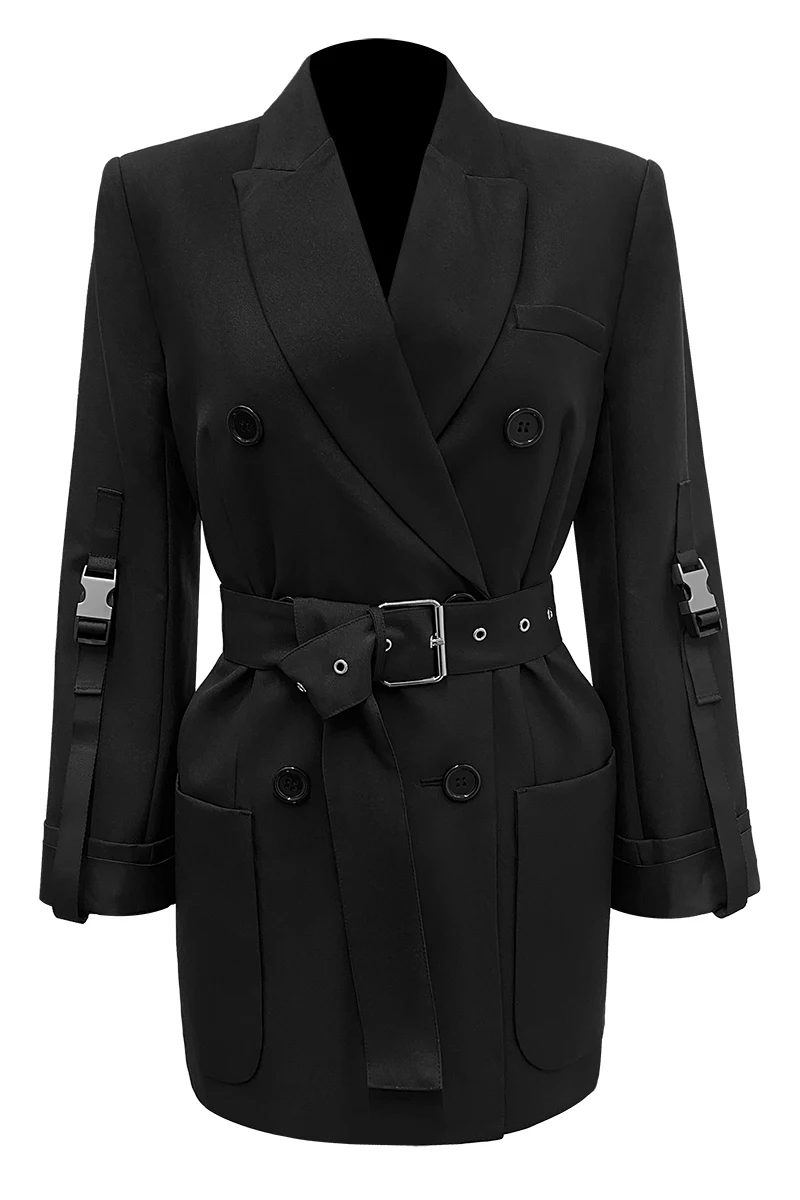 

autumn and winter notched full sleeves belt high waist single breasted black office lady blazer female top C039