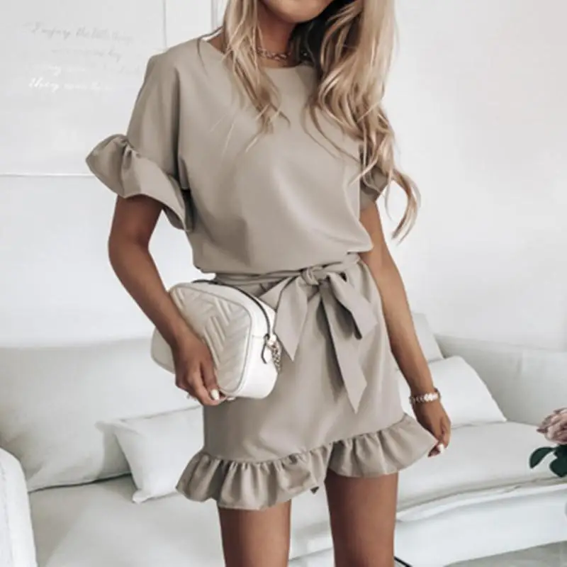 

Женское летнее платье с оборками ZITY, модное Повседневное платье с коротким рукавом-бабочкой для дома, свободное женское платье с поясом и кр...