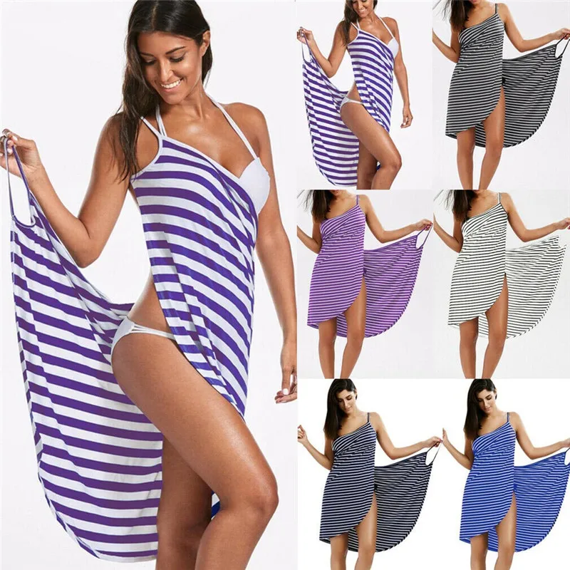 

Plus Size Bath Towel Bathrobe Striped Beach Dress Wrap Women Bath Towels Sling Clothes robe de plage Beach Dress Holiday Swim