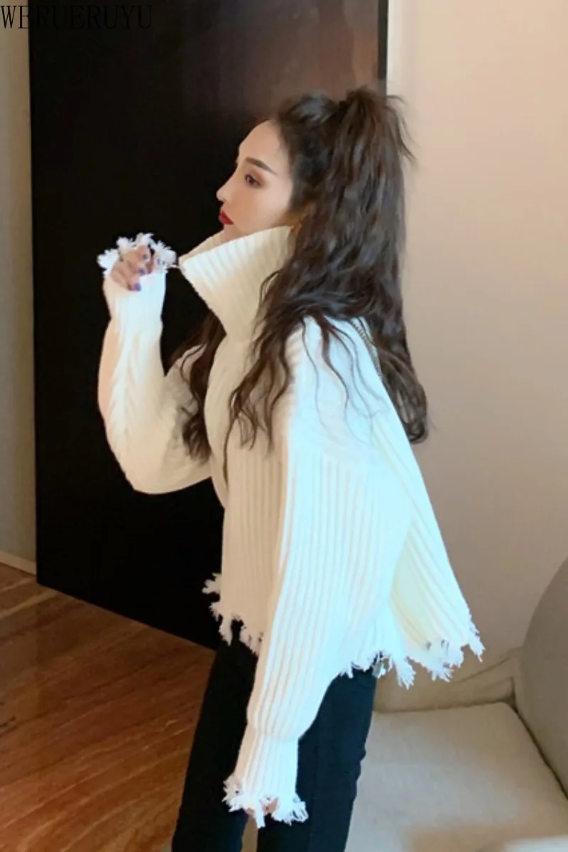 

WERUERUYU Autumn Winter Women's Cardigan Korean Style The Retro Solid Color high neck Knitted Cardigan Short Sweater Coats