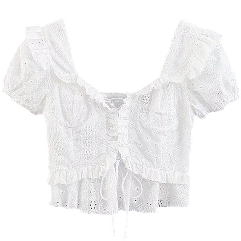 

Beran Retro French Square Neck Cute Soluble Lace Tie High Waist Short Sleeve Shirt Top