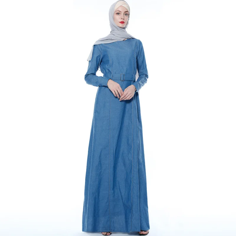 Мусульманское джинсовое Макси-платье abaya длинные халаты с поясом Туника jilбаб Jalabiya Ближний Восток Рамадан Арабский исламский