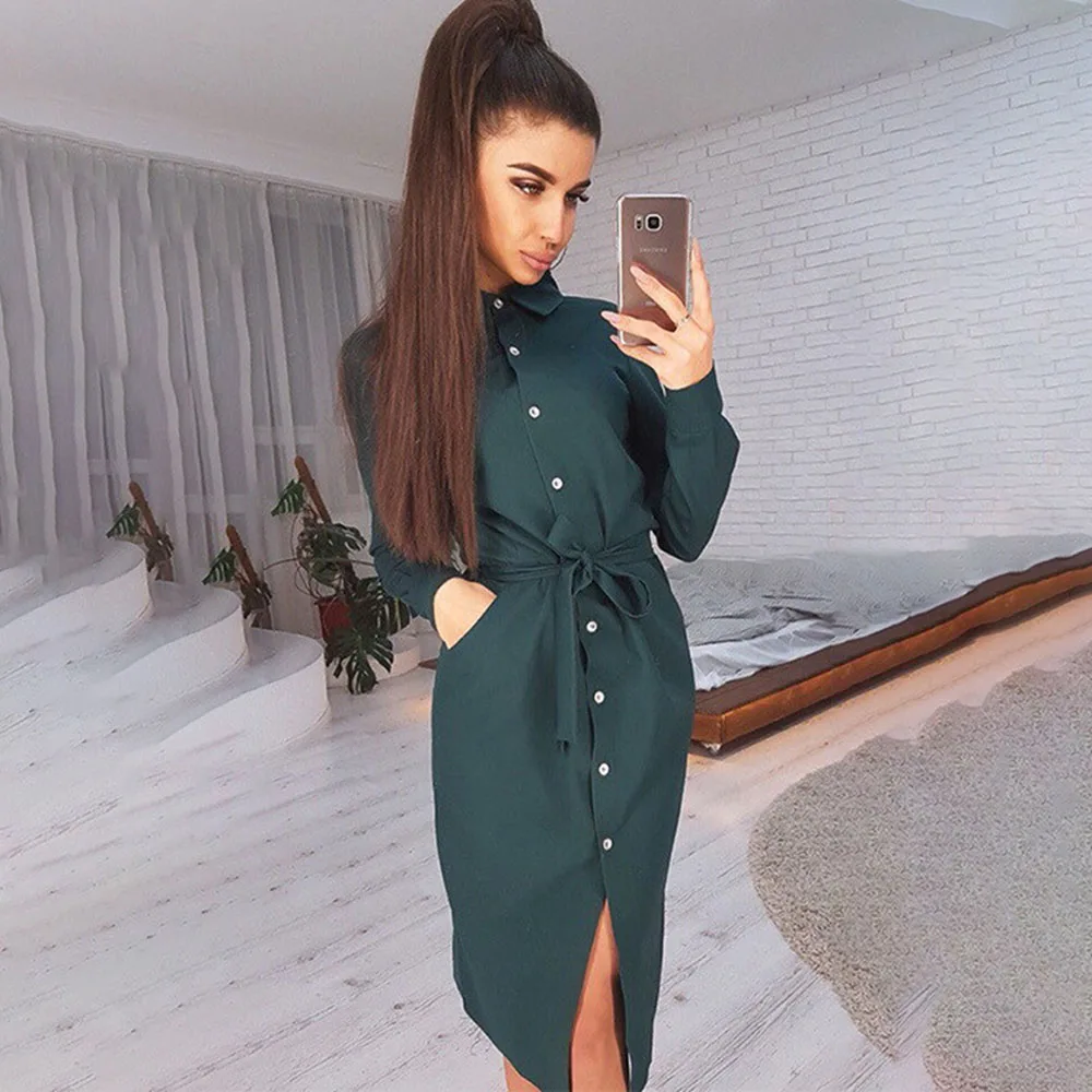 

Fashion Long Sleeve Buttons Shirt Dress Women 2021 Autumn Casual Vintage Lace-up Knee-length Dresses Elegant Ladies Office Dress
