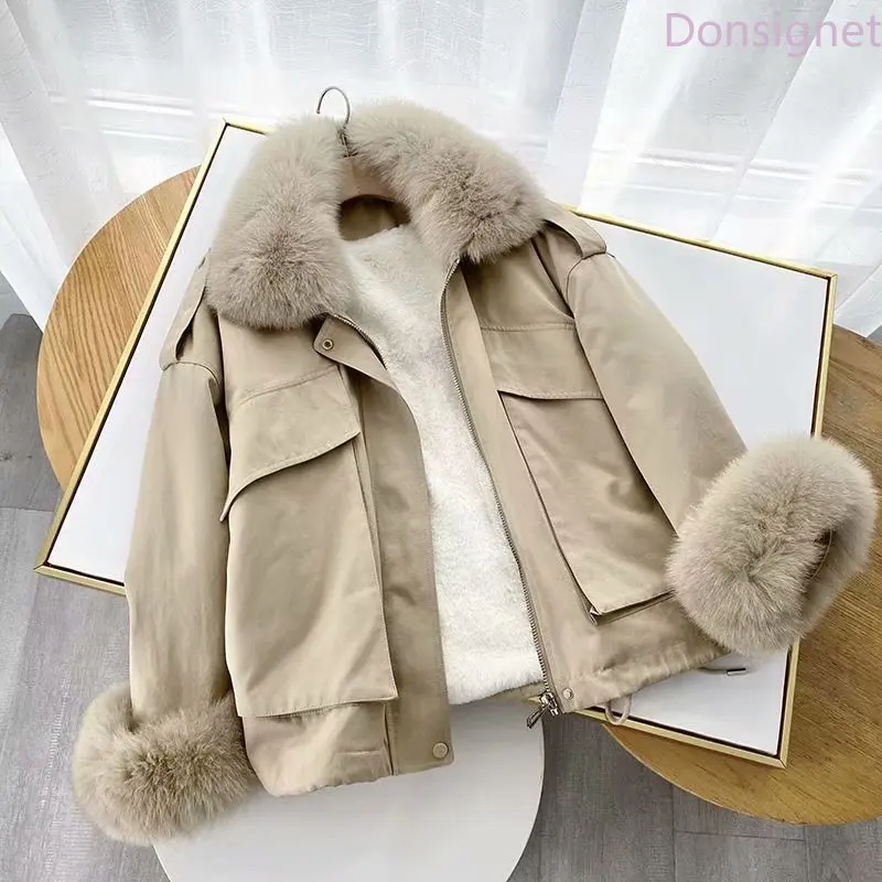 

Женская бархатная куртка Donsignet, однотонная куртка с большим шерстяным воротником, Осень-зима