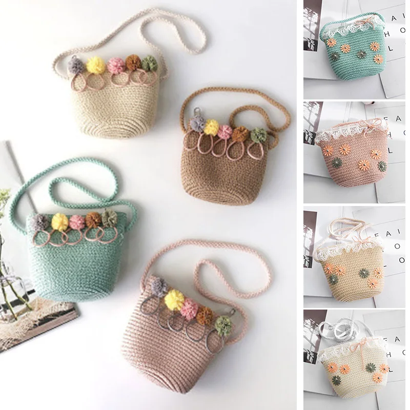 

New Arrival Children Straw Woven Bags Flower Girl Purse Summer Beach Handbags Shoulder Crossbody Bags