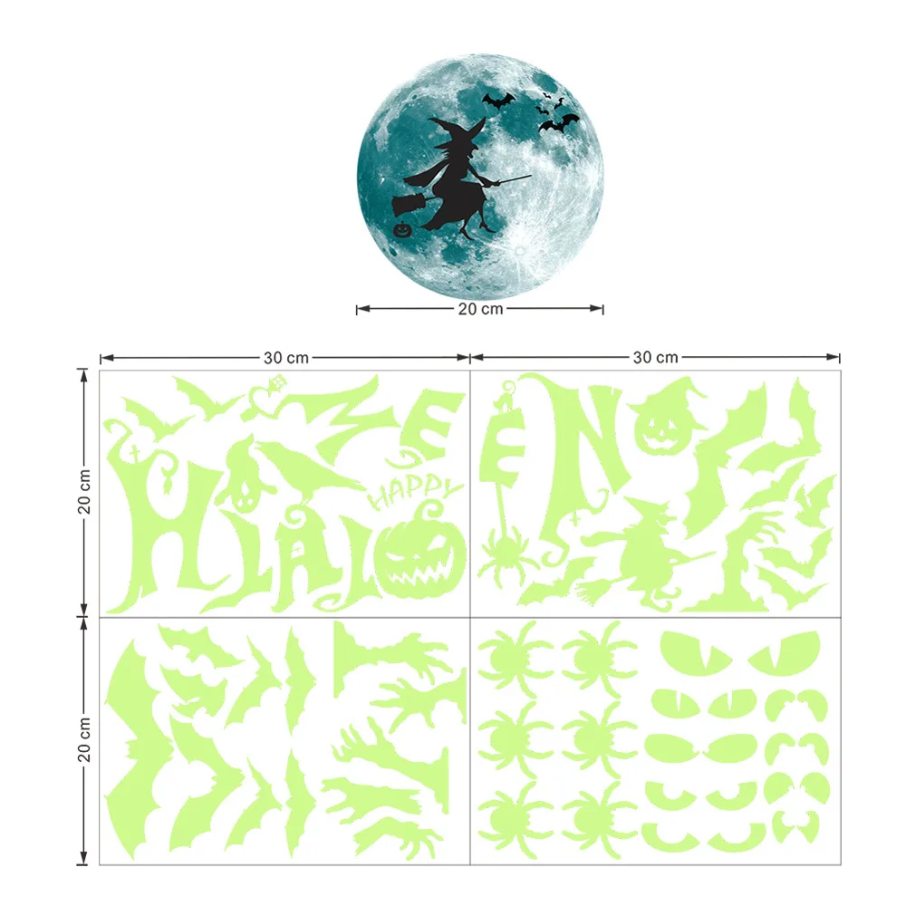 

Halloween Luminous Bat Witch Ghost Hand Spider Ghost Moon Combination Self-adhesive Fluorescent Wall Sticker for Home Decor