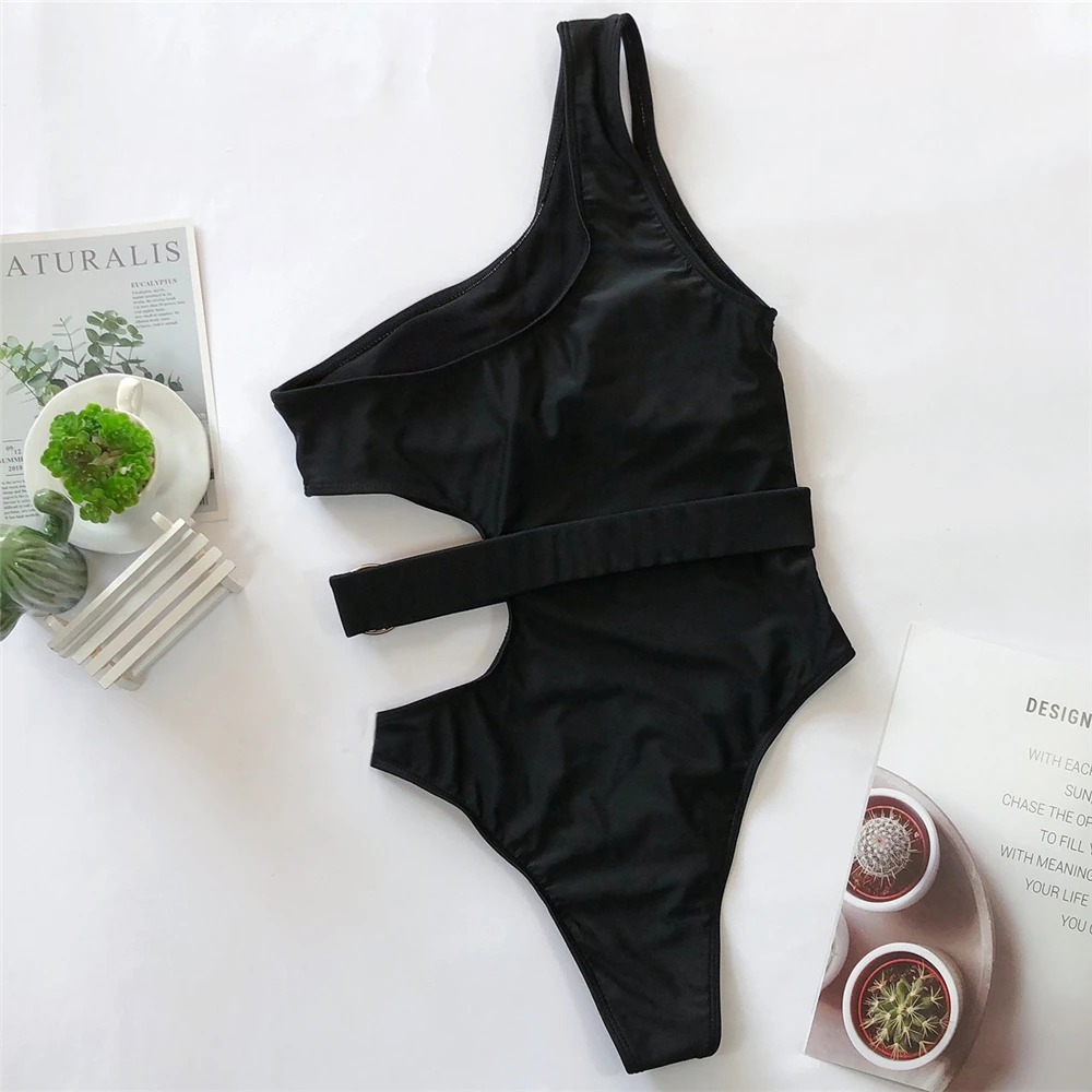 Сексуальный черный Монокини на одно плечо с высокой купальник поясом и вырезами