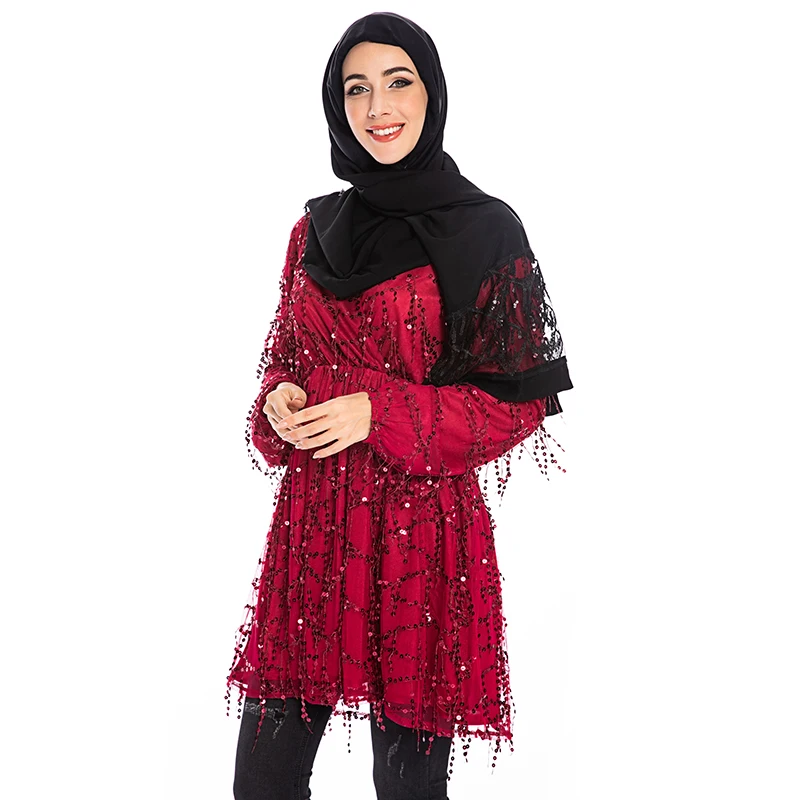 Abaya Дубай Турецкий Арабский Топ Mujer мусульманские блесток Длинные женские топы Исламская одежда Vetement Femme Musulmane Ropa Musulmana Mujer
