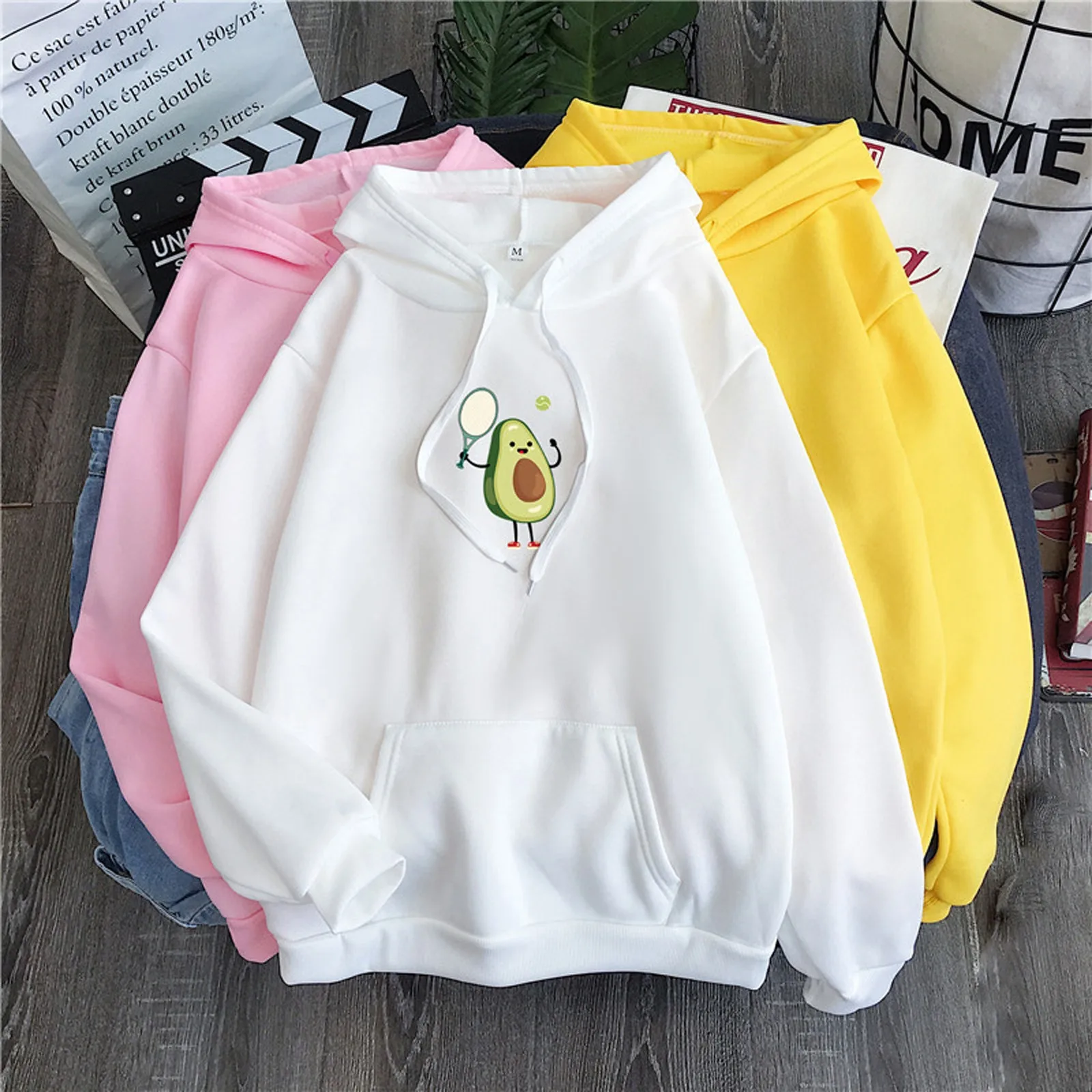 

Fleece Hoodies Women Long Sleeve Drawstring Pullover Avocado Print Graphics Tops Loose Sweatshirts Female Kawaii Streetwear