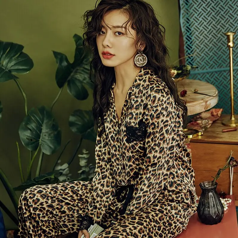 Новейшая Сексуальная кружевная леопардовая Пижама для женщин Весна 2020 атласная