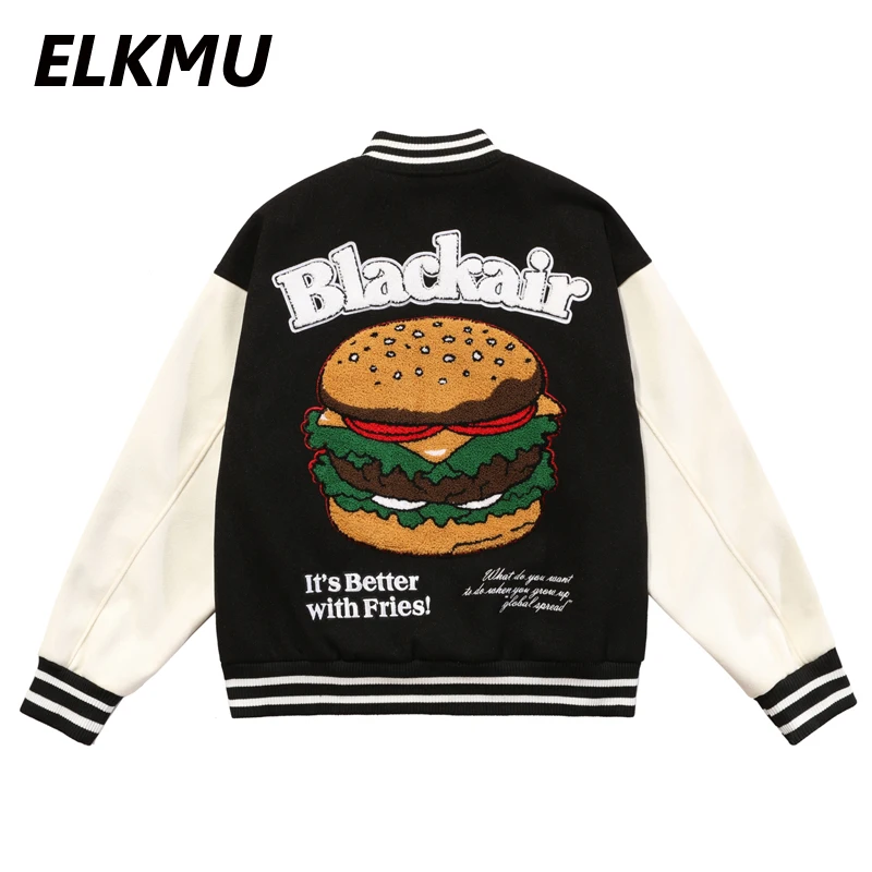 

Осенняя бейсбольная куртка ELKMU, мужская уличная куртка-бомбер в стиле пэчворк с рукавами, пальто с вышивкой в виде гамбургеров, верхняя одеж...