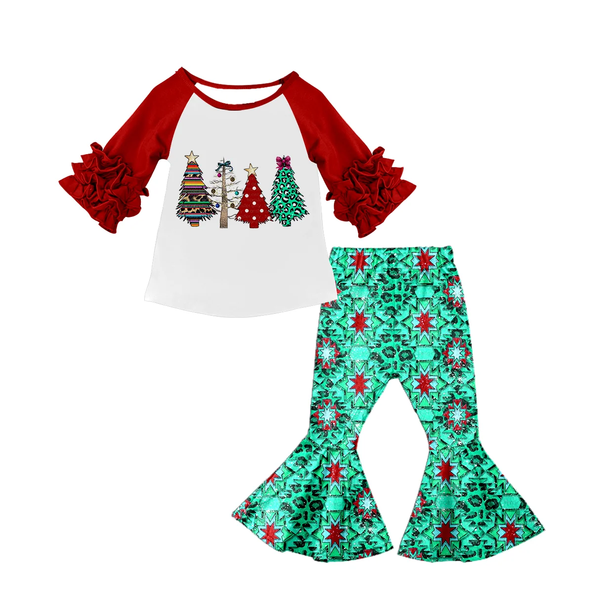 

Высококачественная Рождественская красная хлопковая Футболка реглан с оборками и длинным рукавом с милым принтом штаны-колокол наряды