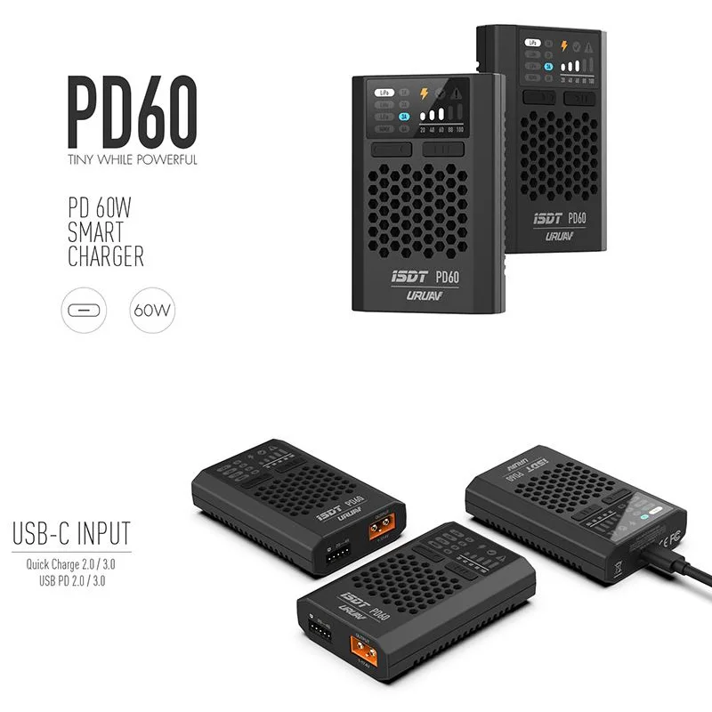 

ISDT PD60 60W Lipo Battery Balance Charger Type-C Input For Lipo LiHV LiFe NIMH/Cd Battery For RC Car Racing Drone